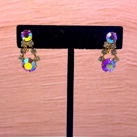 Jewelry - Vintage Gold Plated Aurora Borealis Swarovski Crystal Screw On Earrings